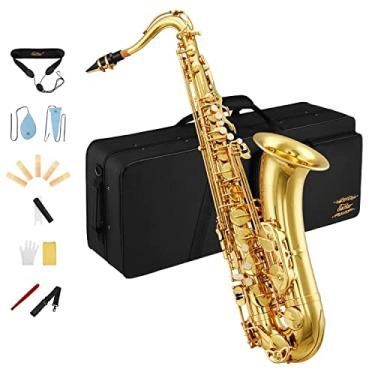 Imagem de Eastar Saxofone tenor estudante bb sax tenor B plana para iniciantes laca dourada, com pano de limpeza, estojo de transporte, bocal, alça de pescoço, palhetas, kit completo, TS-Ⅱ