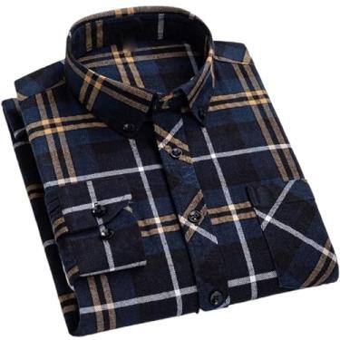 Imagem de Camisa social masculina xadrez clássica de flanela com botão e bolso frontal para inverno, C-156, M