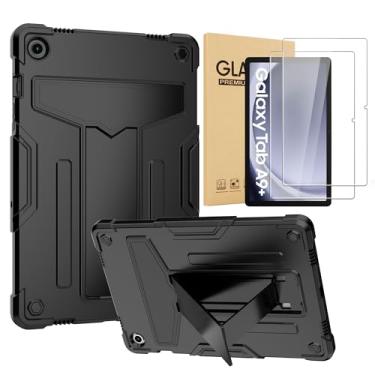 Imagem de elitegadget Capa para Samsung Galaxy Tab A9+ Plus 27.9 cm (SM-X210/X215/X216) lançado em 2023 - Capa protetora híbrida com suporte + 2 peças de protetor de tela de vidro (preto/preto)
