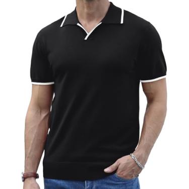 Imagem de Anelune Camisa polo masculina de malha casual, manga curta, gola V, camisetas macias de verão, Preto, XXG
