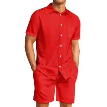 Imagem de Sipumia Conjunto masculino havaiano casual de botão, 2 peças, camisa de praia de verão lisa e shorts para férias, Vermelho, M