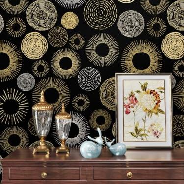Imagem de WESTICK Papel de parede redondo preto e dourado, papel de parede vintage de bolinhas para realce autoadesivo papel de contato geométrico retrô para armário de cozinha quarto sala de estar gaveta 44,5