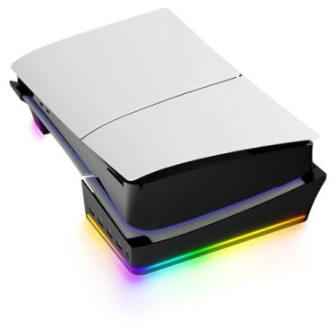 Imagem de Suporte horizontal para PS5 Slim com hub de 4 portas USB e 14 modos de iluminação RGB, suporte lateral com porta de dados de carregamento do controlador PS5, acessório de suporte de base (preto)