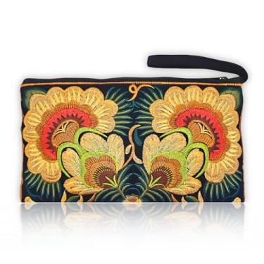 Imagem de Sabai Jai - Clutch Boho bordada floral - Bolsa de pulso étnica feita à mão com flores étnicas, Verde, Medium