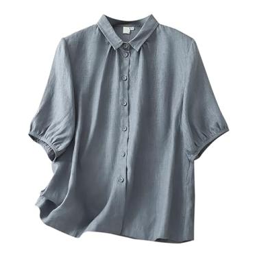 Imagem de Camiseta feminina grande de linho com gola retrô, manga curta, botões, cor lisa, Cinza, M