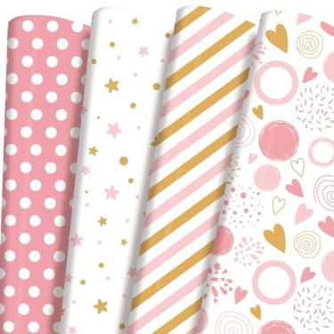 Imagem de PlandRichW Papel de embrulho de aniversário dobrado para meninas, mulheres, bebê, papel de embrulho rosa, papel de embrulho rosa para aniversário, dia dos namorados, Natal, casamento, chá de bebê, 12