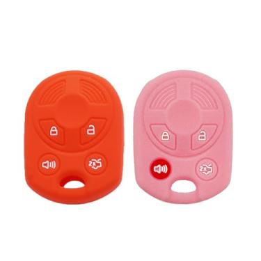 Imagem de LemSa 2 peças, 4 botões, capa para chaveiro, controle remoto, protetor sem chave para Ford Escape Explorer Mustang Transit Fusion Focus Lincoln Zephyr Mercury Grand Marquis, vermelho e rosa