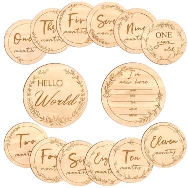 Imagem de Marco mensal do bebê, lindos sinais de marco para bebês - 7 marcadores de dupla face, círculos de madeira, adereços para fotografia de recém-nascidos, placa de anúncio de nascimento para bebês meninos