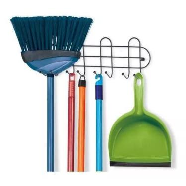 Imagem de Suporte Porta Vassoura Rodo Roupa Toalha 8 Ganchos Preto - Arthi