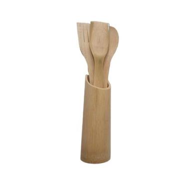 Imagem de Utensílios de Bambu 5 Peças Espátulas Garfo Colher  Suporte Cozinha - 