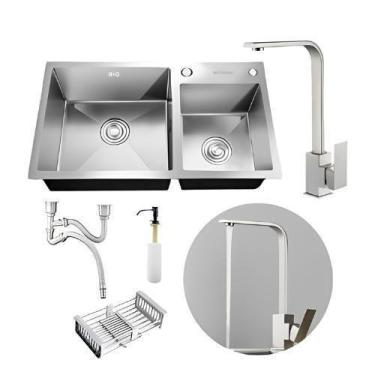 Imagem de Kit Cuba Dupla Pia Cozinha Gourmet E Torneira Slim Em L - Brinovar