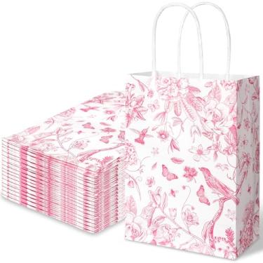Imagem de Whaline 16 peças, saco de presente de papel de pássaro floral, rosa e branco, bolsa de lembrancinha de festa com alça decorativa de guloseimas para suprimentos de festa, 15 x 21 x 8 cm