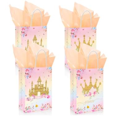 Imagem de Bettoor Conjunto de 72 sacos de lembrancinha de princesa com alça, bolsa de presente para príncipe, 24 peças de papel de seda e 24 adesivos de coroa para festa de aniversário