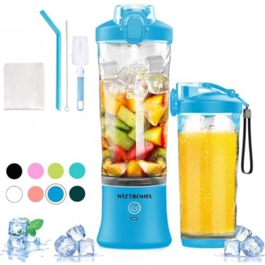 Imagem de Liquidificador portátil sem fio de 595 g, sem BPA, com copo de liquidificador pessoal, melhor para smoothies, shakes e coquetéis, com lâminas de aço inoxidável duráveis, recarregável por USB-C em azul