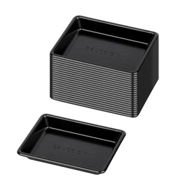 Imagem de Restaurantware -Bento Tek Pratos de molho de 28 g, 100 pratos descartáveis de molho de soja - Bandejas retangulares, elegantes, de plástico preto, para servir molhos, vinagre, wasabi e muito mais
