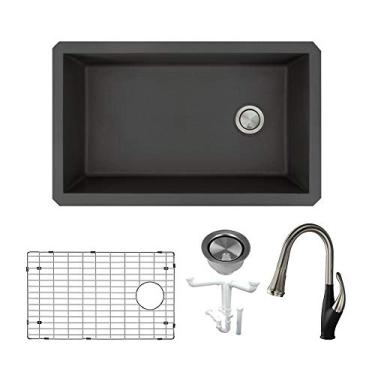 Imagem de Transolid KF-RUSS3118-09 Kit de pia de cozinha de granito com raio inferior super único, incluindo torneira, 80,6 cm C x 48,5 cm L x 22,8 cm A, preto