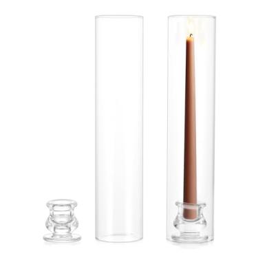 Imagem de NUPTIO Castiçais cônicos de vidro: Conjunto de 2 castiçais transparentes Hurricane - Suporte de velas caneladas com tampa de cilindro alta à prova de vento para decoração de Natal de Ação de Graças