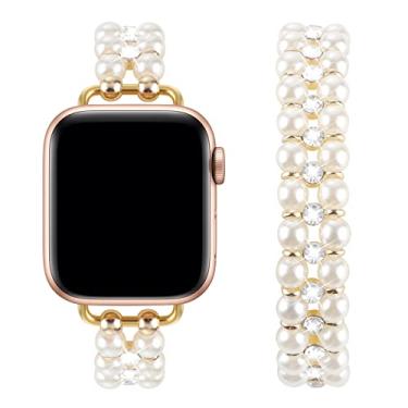 Imagem de Pulseira elástica Perlenarmband, compatível com Apple Watch, 38 mm, 40 mm, 41 mm, Damen, funkelnd, Diamantkette, Solo-Loop, Stretch-Armband, Ersatz für iWatch Series 8, 7, 6, 5, 4, 3, Weiß, Weiß ite