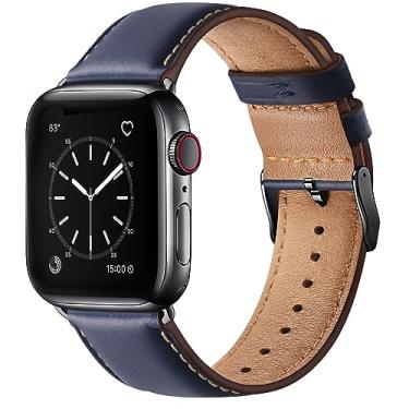 Imagem de SUNFWR Pulseira de couro genuíno de grão superior para Apple Watch Ultra SE2 SE séries 8, 7, 6, 5, 4, 3, 2 e 1 de 49 mm, 45 mm, 44 mm e 42 mm (azul/preto)