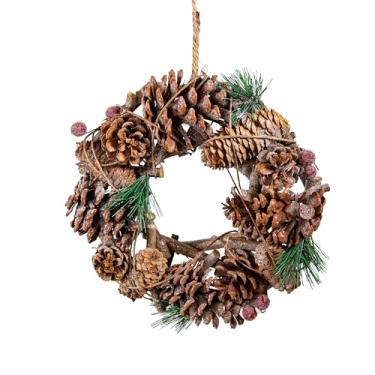 Imagem de YCHTEWY - Guirlanda de flores de 25,4 cm - Decoração de atmosfera de Natal para portas da frente, paredes e janelas - Design requintado com torres de pinheiro, galhos secos, pinhas artificiais e