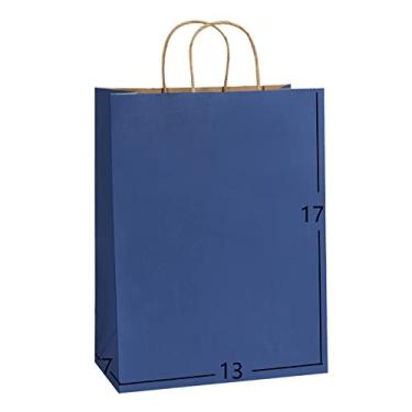 Imagem de Sacos de papel 13 x 7 x 17 50 peças Sacos de presente, Sacolas de festa, Sacolas de compras, Bolsas de varejo, Bolsas de mercadoria, Sacos de papel kraft azul marinho reciclado com alças em massa