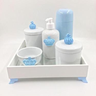 Imagem de Kit Higiene Bebê Porcelana Príncipe Coroa Bandeja Mdf Garrafa Azul 6pç