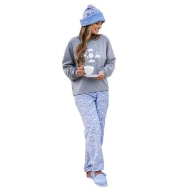 Imagem de Pijama Feminino Inverno Moletinho Moleton Algodão - CIA DO CORPO, Azul