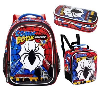 Imagem de Kit Mochila Costas Lancheira Estojo Homem Aranha Comic Book