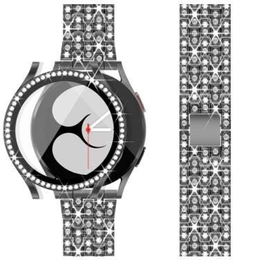 Imagem de G-ficu Pulseira de diamante compatível com Samsung Galaxy Watch 4 e 5 - 40 mm com capa protetora de tela, 20 mm de liberação rápida feminina Bling Elegant Jewelry Luxury Metal Watch 5 e 4 pulseiras e capa protetora (preto)