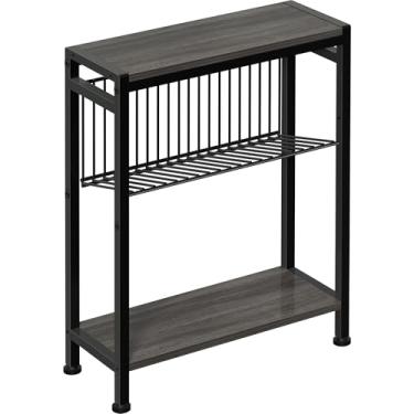 Imagem de Mesa de canto para espaço pequeno, mesa lateral estreita de 3 camadas com suporte de revista, mesa de cabeceira fina, mesa de sofá de lanche skinny na sala de estar, estudo do quarto e varanda (cinza)