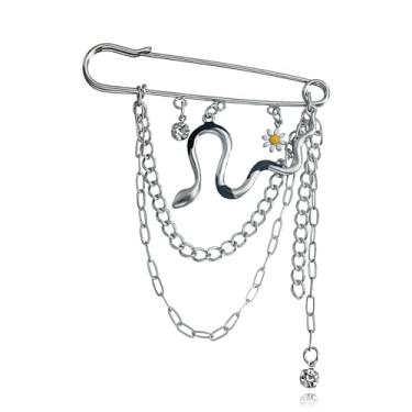 Imagem de Broche punk de corrente longa, alfinete de segurança moderno retrô para pendurar correntes de colarinho broches para mulheres, broche de casaco de colarinho legal para alfinetes de corsage masculinos,
