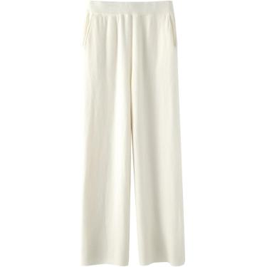 Imagem de Calça feminina confortável de caxemira, calça de corrida macia para outono e inverno de lã com cintura elástica e perna larga reta, bege, P (150-155 cm)