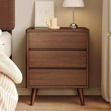 Imagem de Mesa de cabeceira de madeira maciça com 3 gavetas, lateral moderna de meados do século, organizador de armário de armazenamento de 3 níveis para quarto, sala de estar, corredor, entrada, nogueira, 50