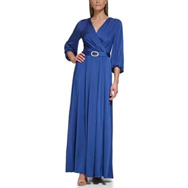 Imagem de Eliza J Vestido feminino de malha social de manga comprida com gola V, Azul marino, 46