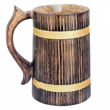 Imagem de Caneca de madeira marrom retrô feita à mão natural com design canelado – Tanque viking rústico para cerveja, café, chá | Presente ecológico para decoração de casa e mesa