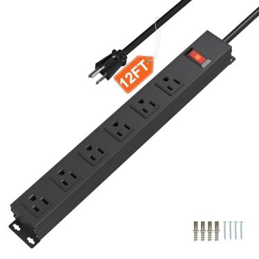 Imagem de Tira de energia com 6 saídas Cabo 14AWG Plugue reto para comercial, industrial, escola e casa, 15A 125V 1875W, ETL Aprovado e listado, Preto (12 FT)