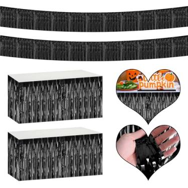 Imagem de Saias de mesa com franja metálica 4P para mesas retangulares para decoração de festa de aniversário de casamento, formatura, aniversário (preto)