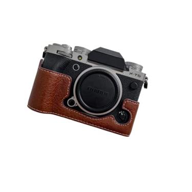 Imagem de Capa para X-T5, BolinUS feita à mão couro PU meia câmera capa capa abertura inferior versão para Fujifilm Fuji X-T5 XT5 com alça de mão (café)