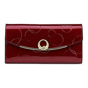 Imagem de Carteira feminina de couro genuíno longa, três dobras, fivela de couro brilhante, fivela de grande capacidade, padrão em relevo circulado, RFID e magnético antifurto, Vinho tinto, Estilo elegante