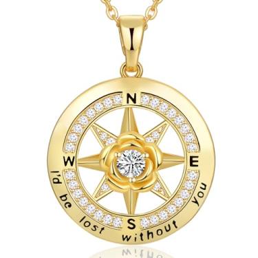 Imagem de Meeshi Colar de bússola banhado a ouro 18 quilates presentes para mulheres aniversário esposa presente de dia dos namorados namorada, joias de aniversário femininas presente para ela Natal mãe dia das mães, eu estaria perdido sem você, Ouro amarelo, Zircônia cúbica