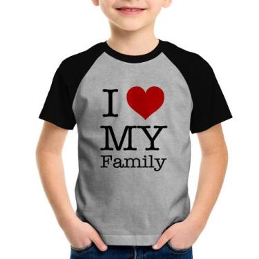 Imagem de Camiseta Raglan Infantil I Love My Family - Foca na Moda, Cinza, Preto