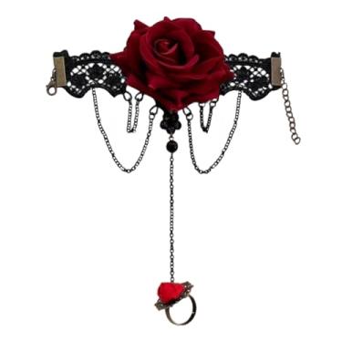 Imagem de Pulseira feminina com anel de rosa vermelha e flor de renda preta, corrente ajustável, floral, antigo, dourado, aberto, anéis de dedo, vintage, gótico, punk para Halloween, Medium, Metal, Sem Pedra