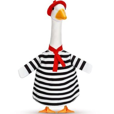 Imagem de Silicherry Conjunto de roupa de ganso para alpendre de artista para fantasia de ganso de gramado de plástico de cimento 50 anos 50 boina francesa cachecol camiseta listrada para festa de cosplay ao ar