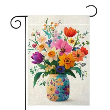 Imagem de Pote de pedreiro floral colorido primavera bandeira de jardim 30 x 45 cm dupla face tulipa narciso flor quintal bandeira exterior casa férias decoração exterior serapilheira