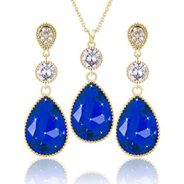Imagem de Qinpan 18 * 13 mm pingente de cristal gota gota pingente pingente colar e brincos conjunto de joias para mulheres fantasia banhado a ouro, 38*14.5mm, Ouro amarelo, Safira