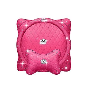 Imagem de MINGZAIQIPEI Bling Car Diamond Crown Headrest Cintura Almofada de Volante Capa de Volante 38 cm Couro PU para Mulheres e Meninas Presente - Conjunto de 3 Pçs (Rosa)