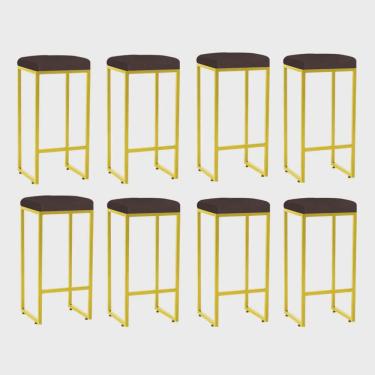 Imagem de Kit 08 Banqueta Alta Lara Para Cozinha Bar Balcão Bistrô Churrasqueira Ferro Dourado Suede Marrom - Ahz Móveis