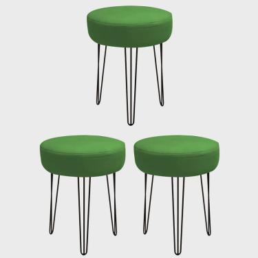 Imagem de Kit 03 Banquetas Puff Jullia Luxo 55cm Industrial Ferro Preto Corino Verde - Ahz Móveis