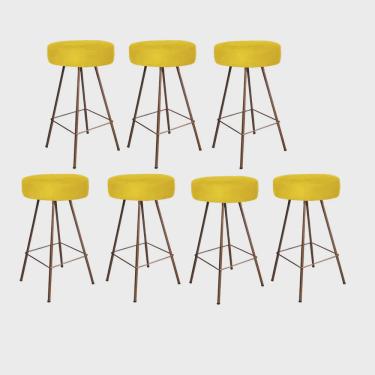 Imagem de Kit 07 Banqueta Alta Laisa Industrial Redonda Cozinha Bar Balcão Bistrô Ferro Bronze Corino Amarelo - Ahz Móveis