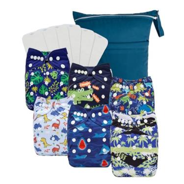 Imagem de Babygoal Pacote com 6 fraldas de pano para bebês com 6 inserções e bolsa úmida para fraldas ajustadas e pré-dobradas, capas ajustáveis e reutilizáveis para meninos e meninas